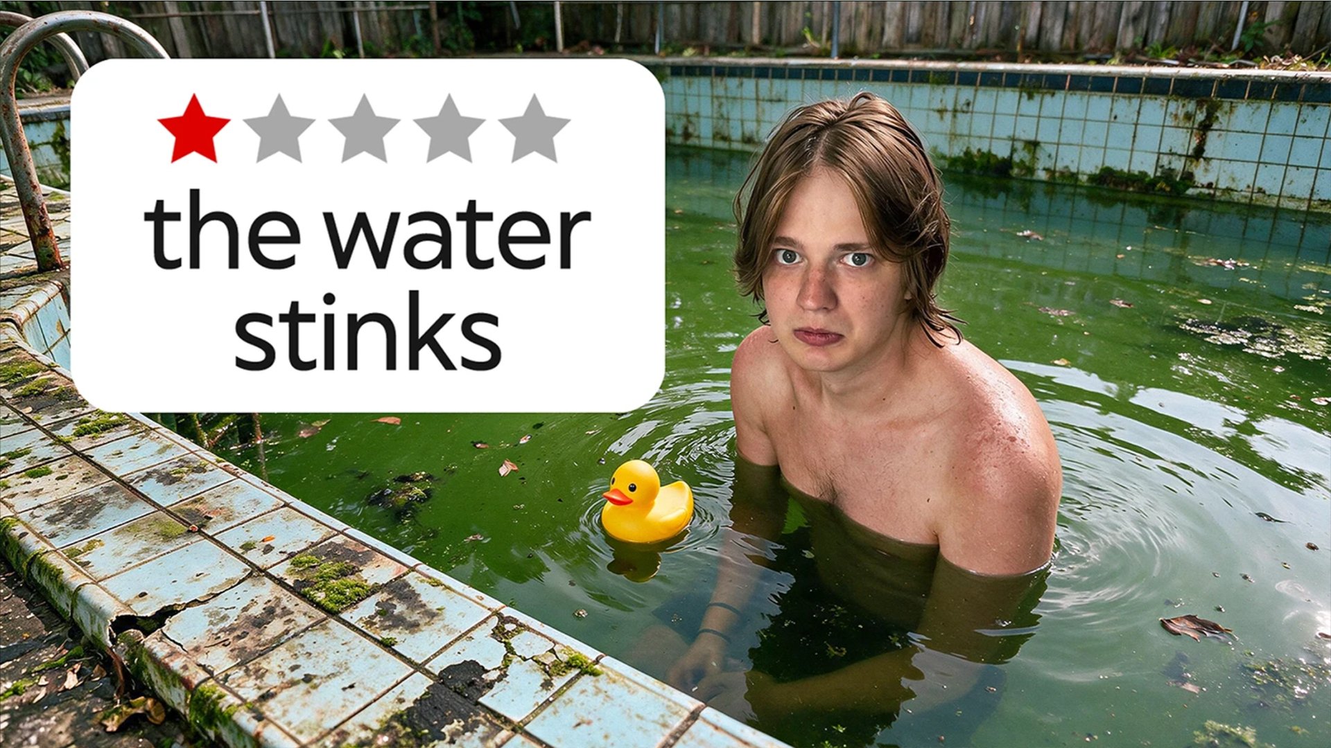 One star review over a murky green pool