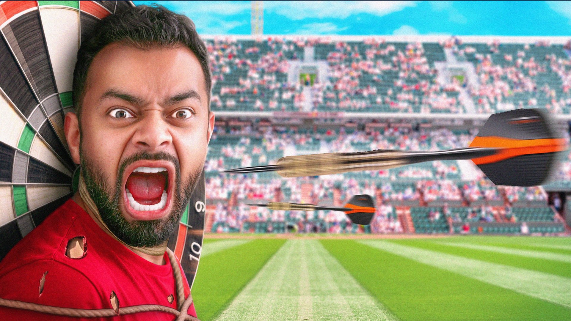 Darts flying toward a shouting player in a stadium