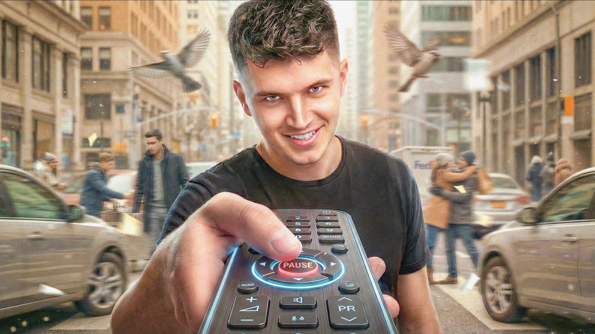 Hand pressing pause on a giant remote in a city street