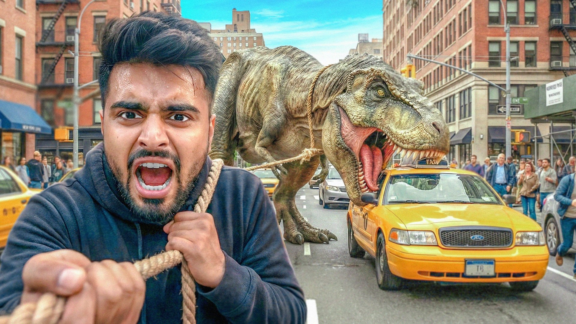 Man holding a T-Rex on a leash in New York