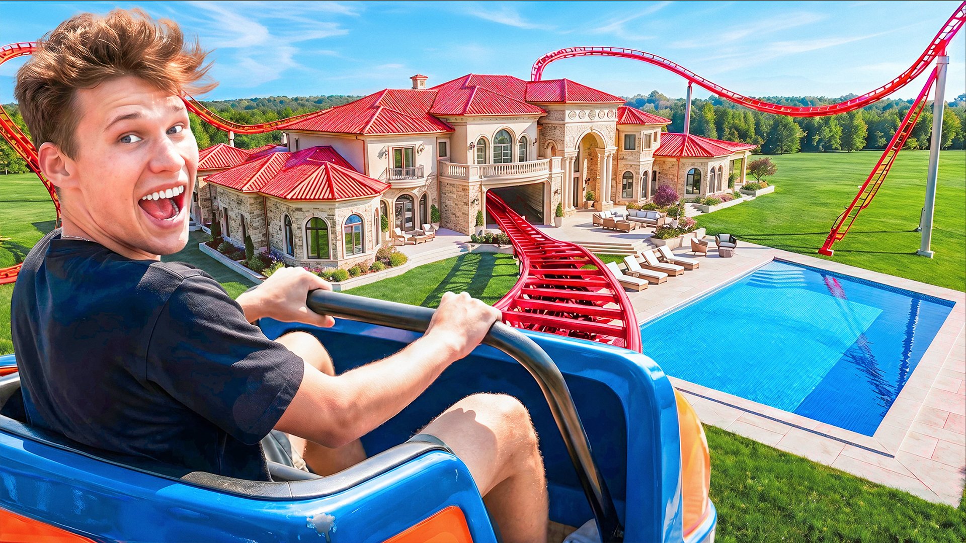 Roller coaster over a luxury mansion