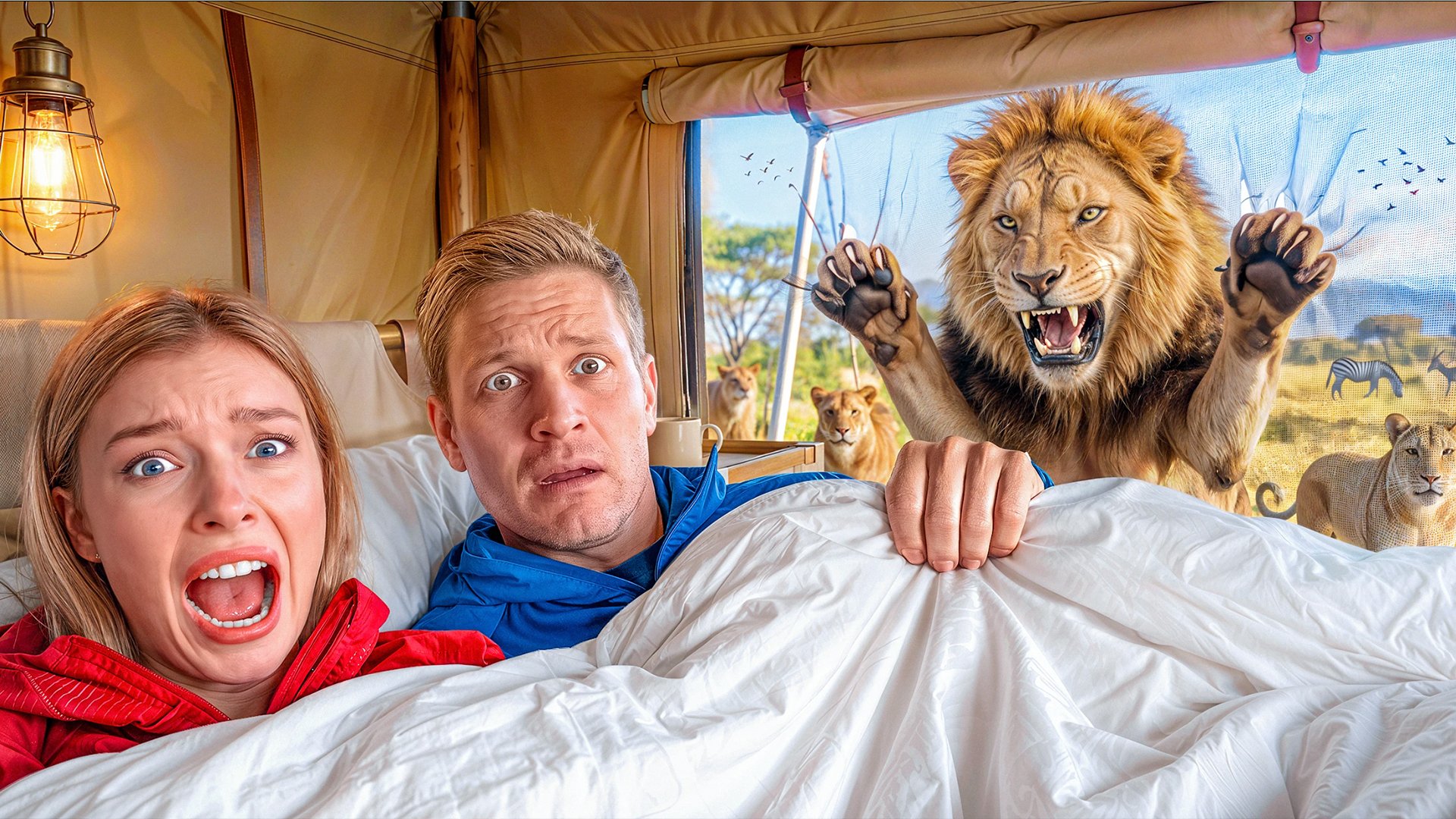 Lion attacking a safari tent