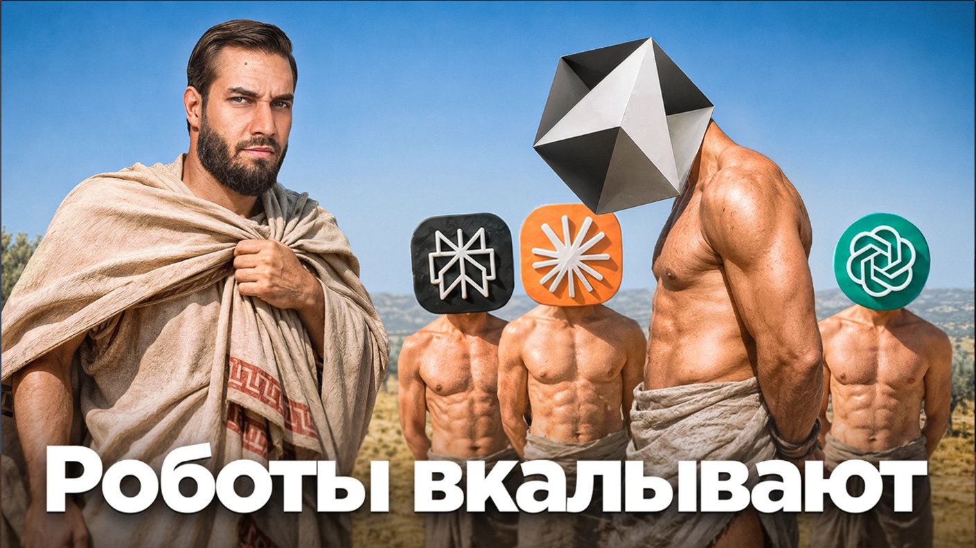 Gladiator facing AI robots with app-icon heads