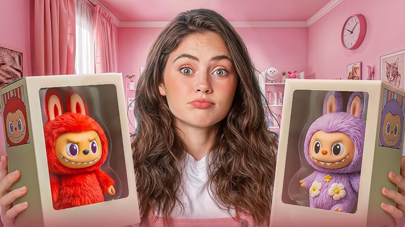 Woman unboxing red and purple Labubu dolls