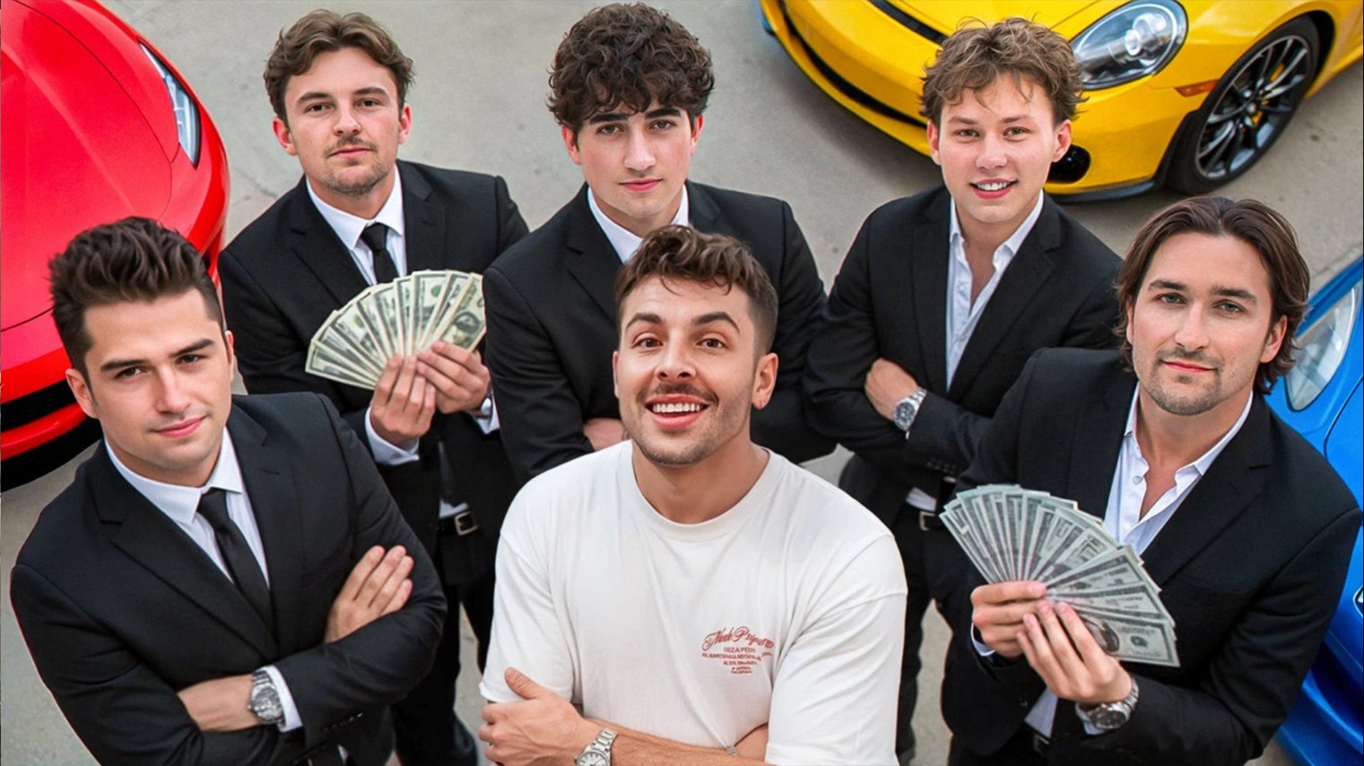 Group of young men with cash and sports cars