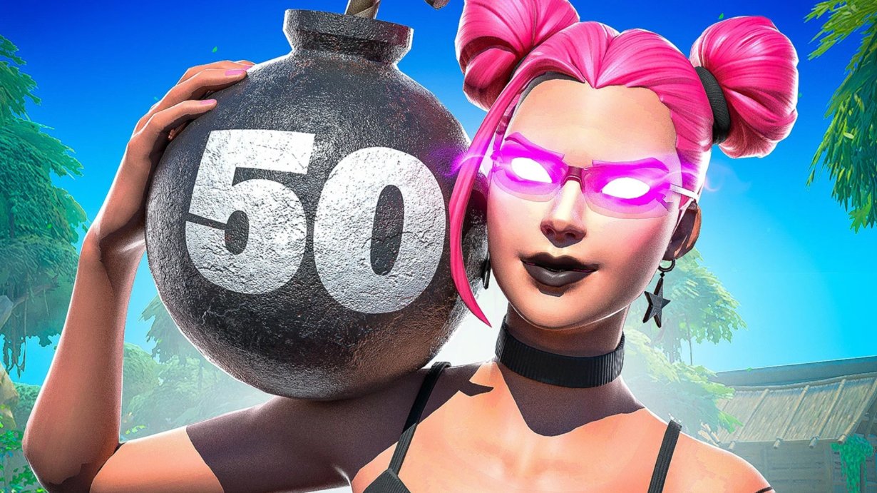 Fortnite character holding a 50 bomb