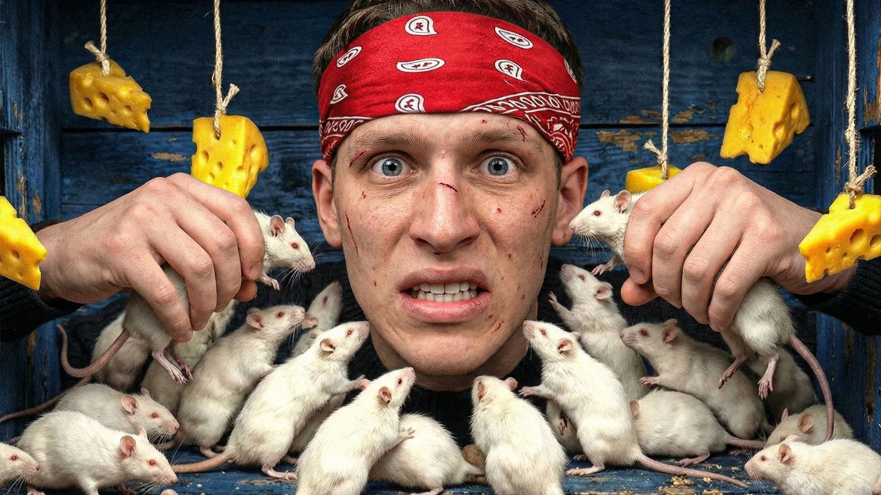 Man surrounded by rats and hanging cheese