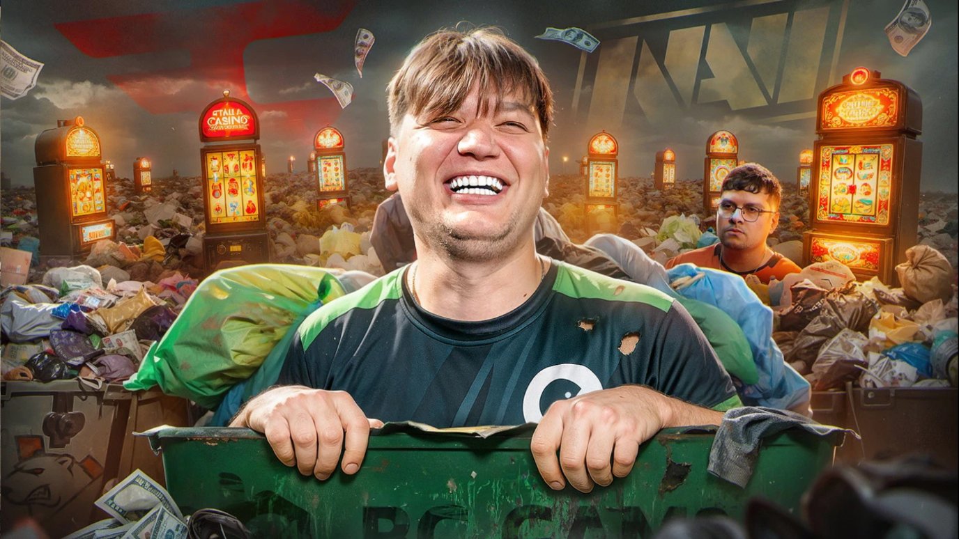 Man laughing in a dumpster at a casino junkyard