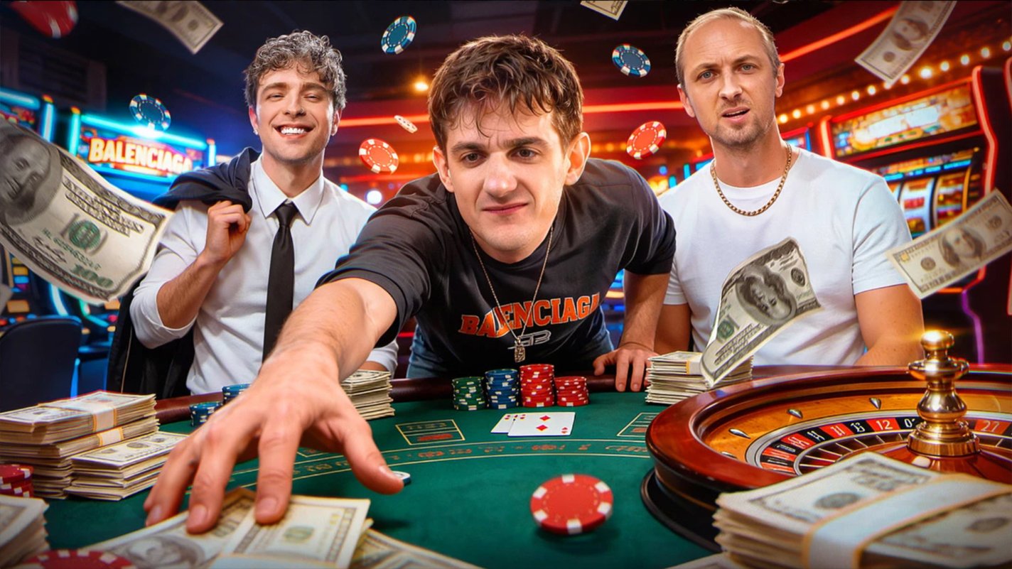 Casino roulette table win with flying cash