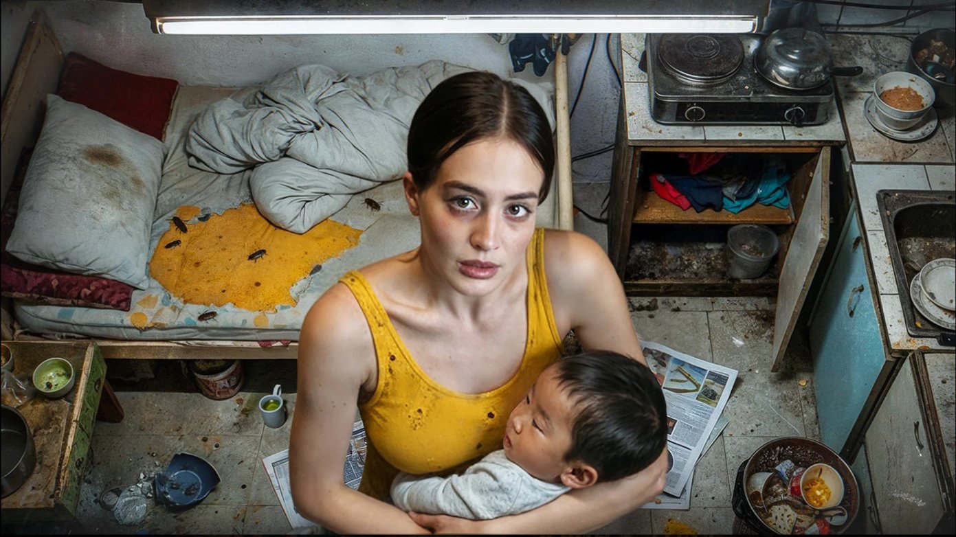 Mother holding child in a tiny cluttered room