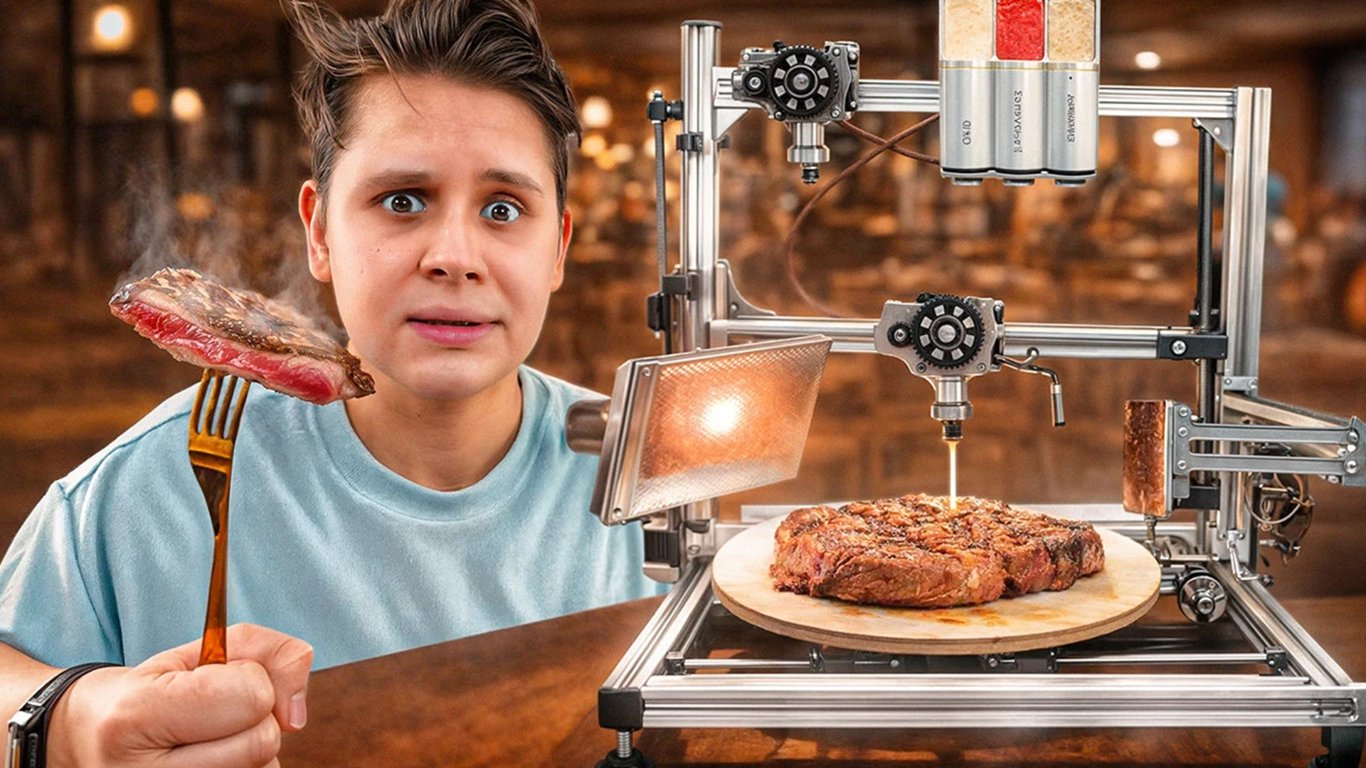 3D-printer machine cooking a steak